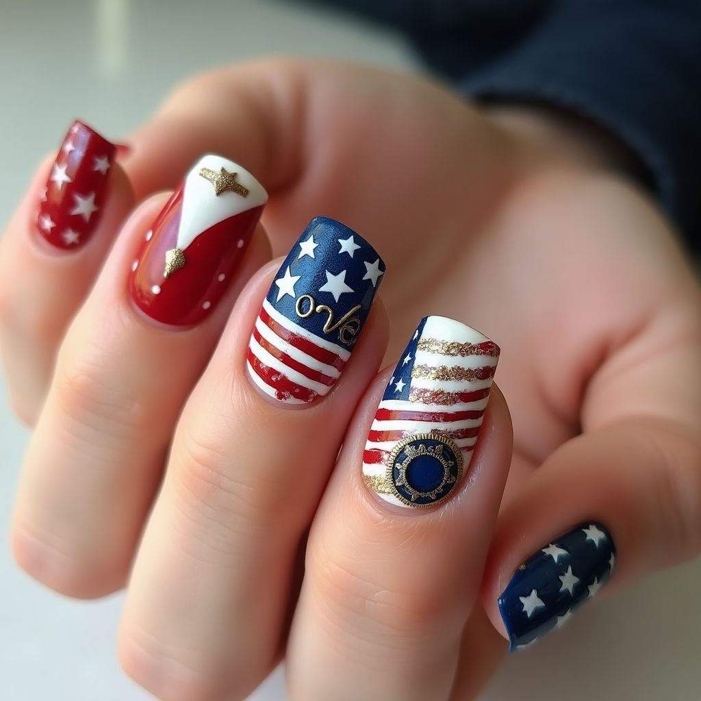 Labor Day Freehand Art Nail Design