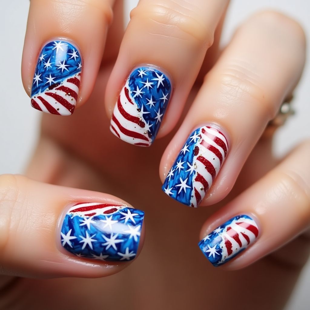 4th Of July Water Marbling Nail Design
