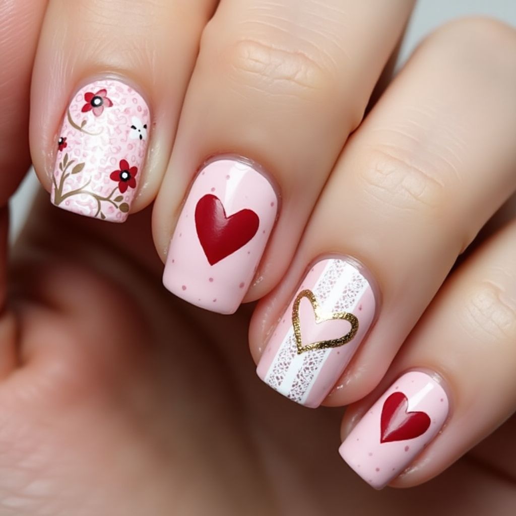 Valentine's Day Freehand Art Nail Design