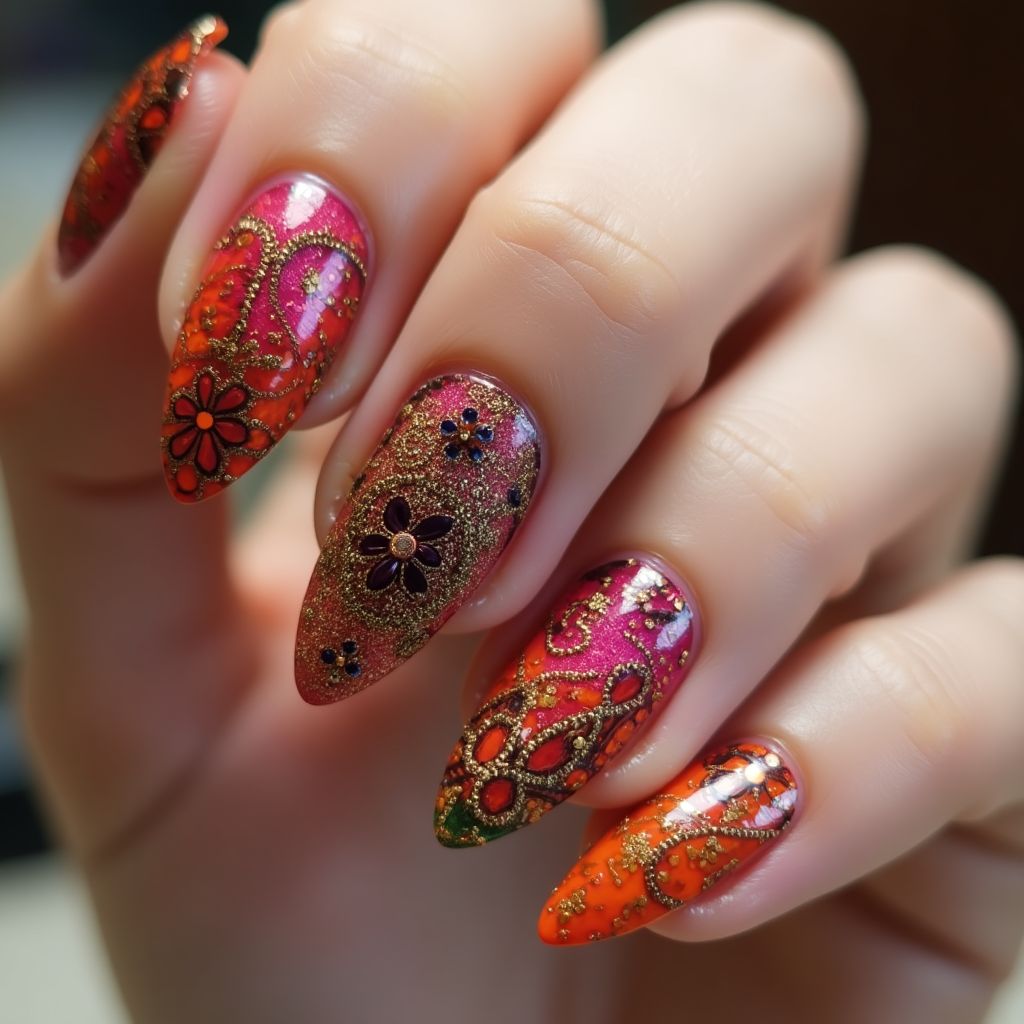 Diwali Water Marbling Nail Design