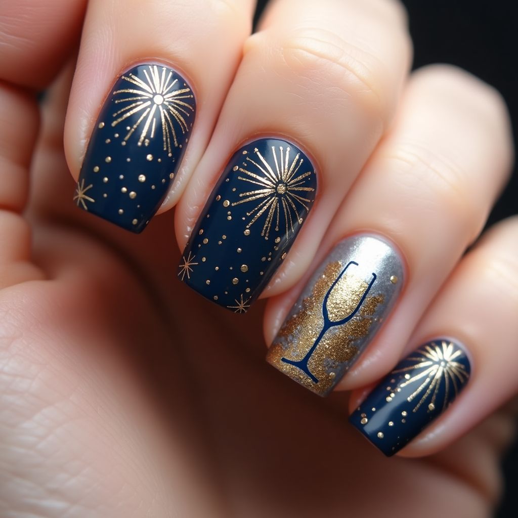 New Year Freehand Art Nail Design