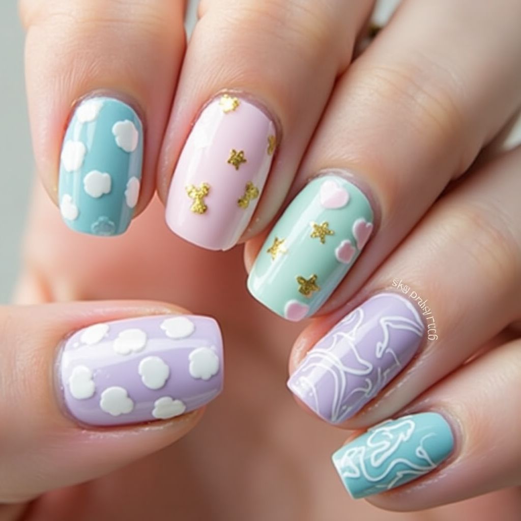 Baby Shower Water Marbling Nail Design