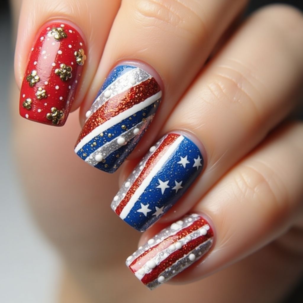Labor Day Stripes And Lines Nail Design