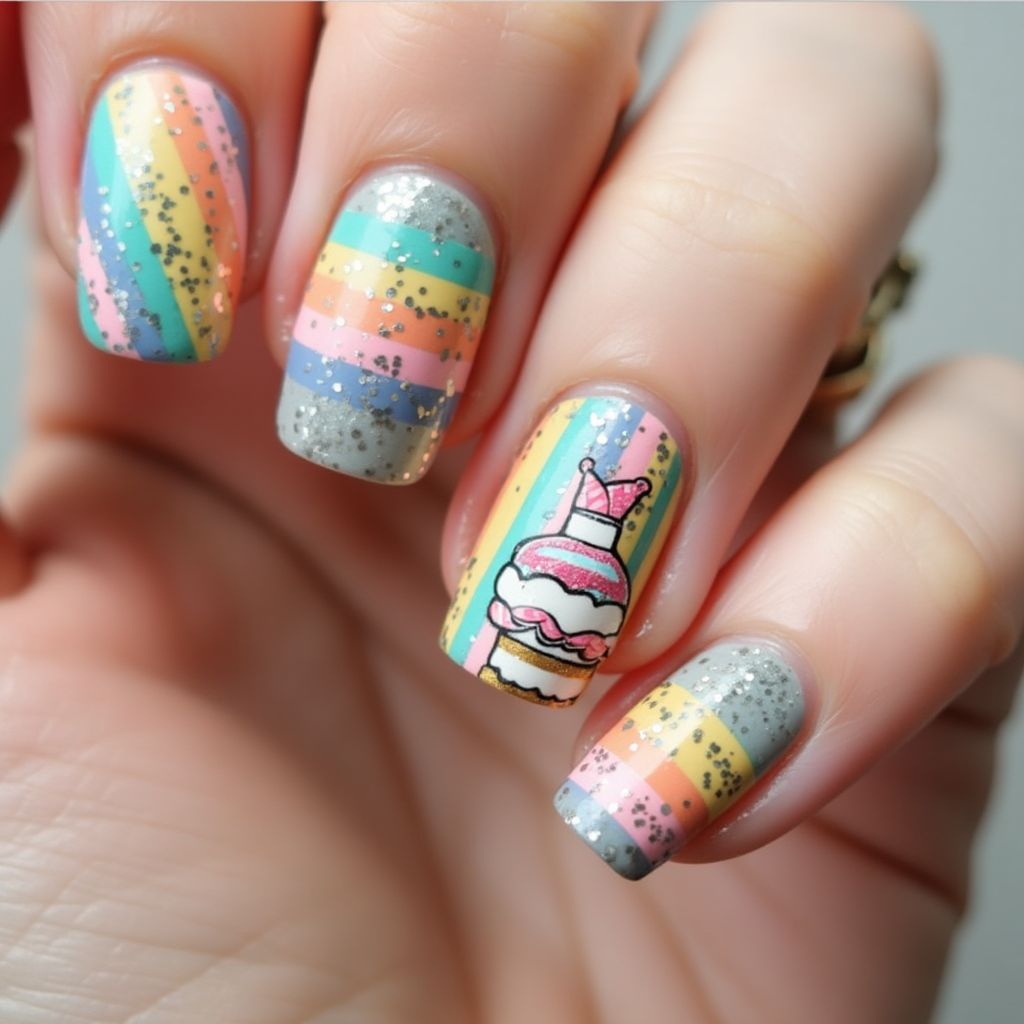 Birthday Stripes And Lines Nail Design