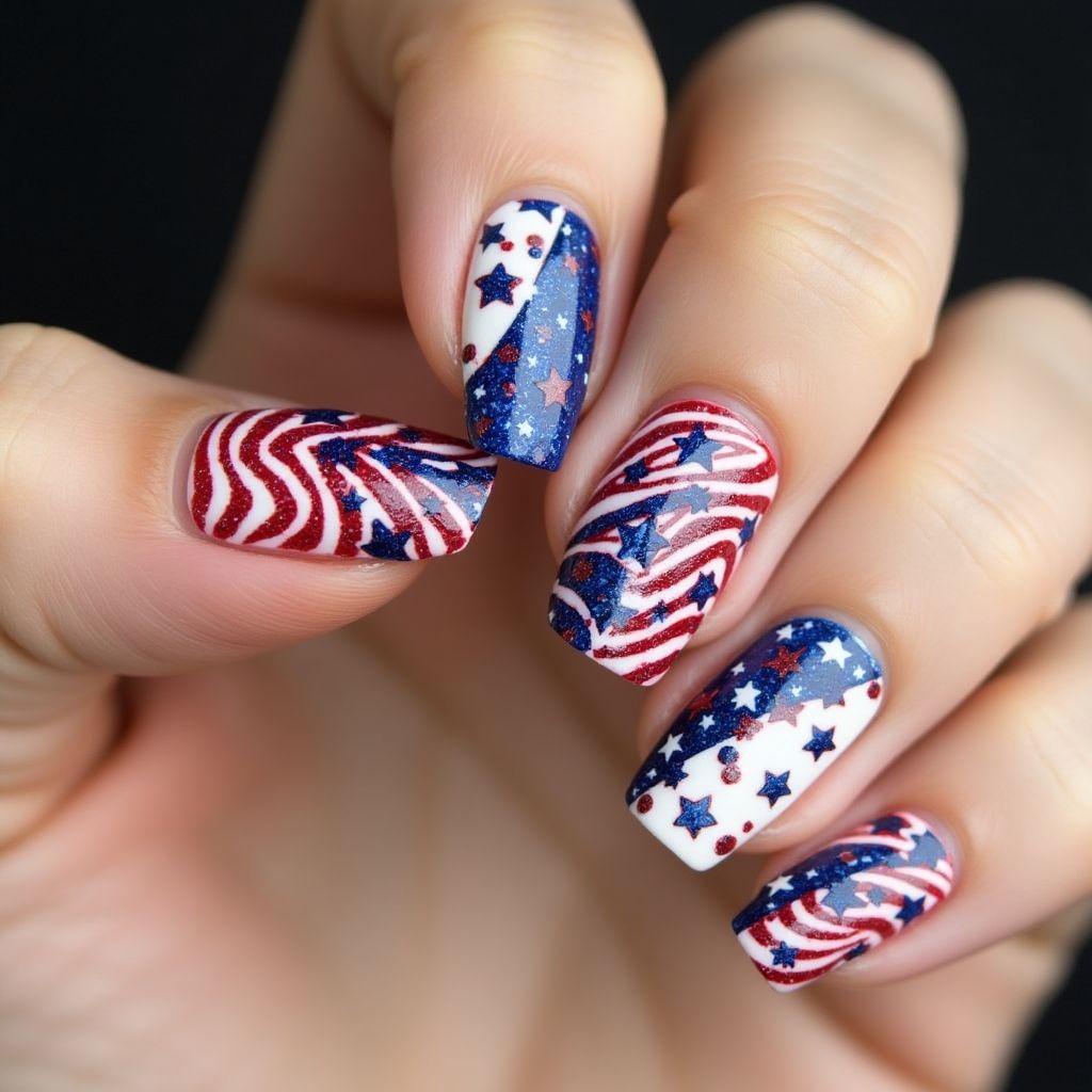 4th Of July Water Marbling Nail Design