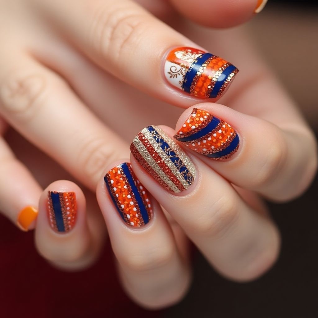 Diwali Stripes And Lines Nail Design