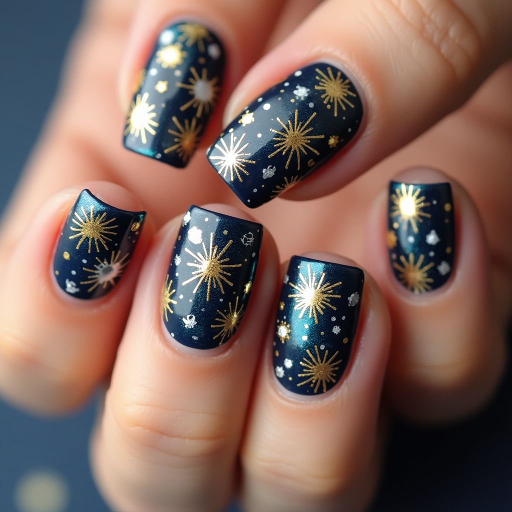 New Year Freehand Art Nail Design