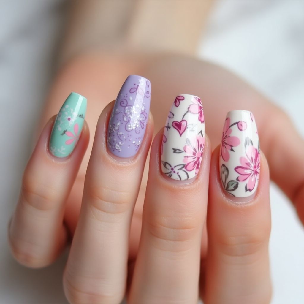 Mother's Day Water Marbling Nail Design