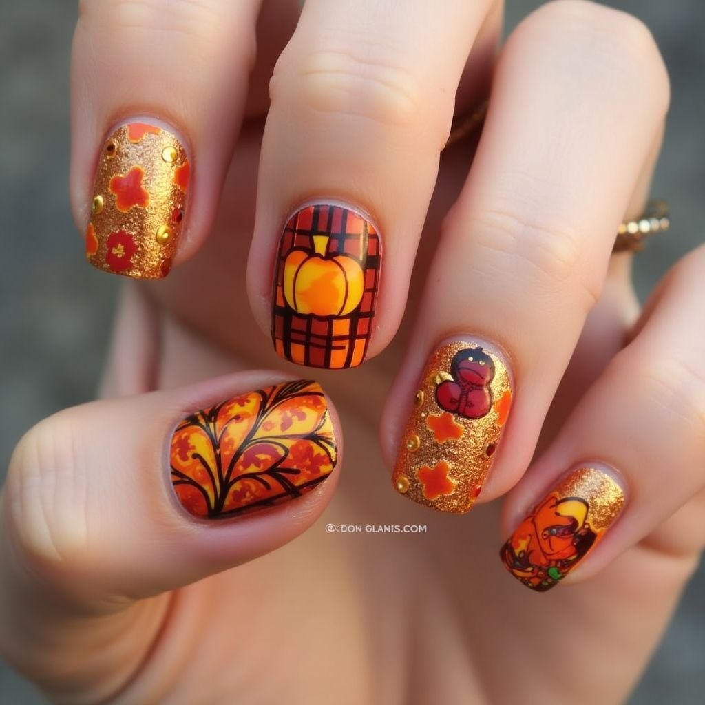 Thanksgiving Water Marbling Nail Design