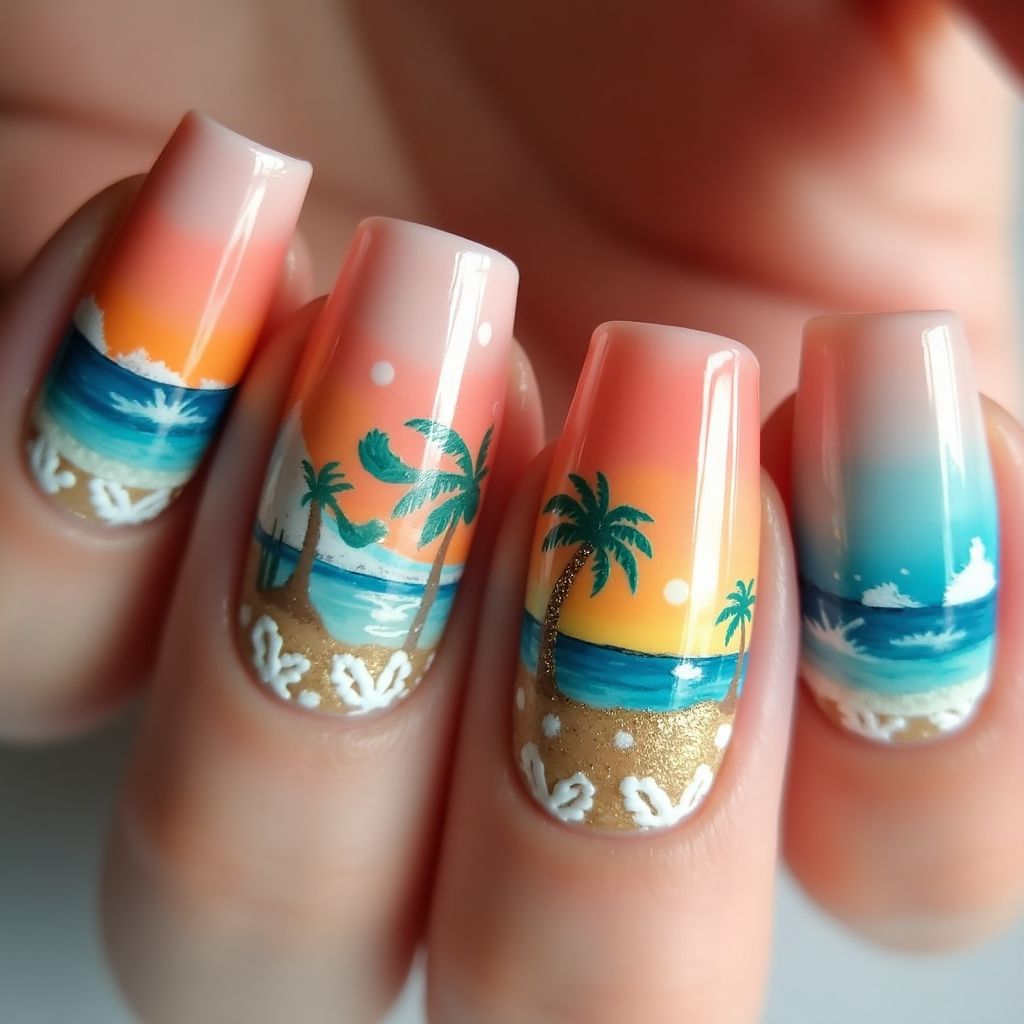 Beach Freehand Art Nail Design