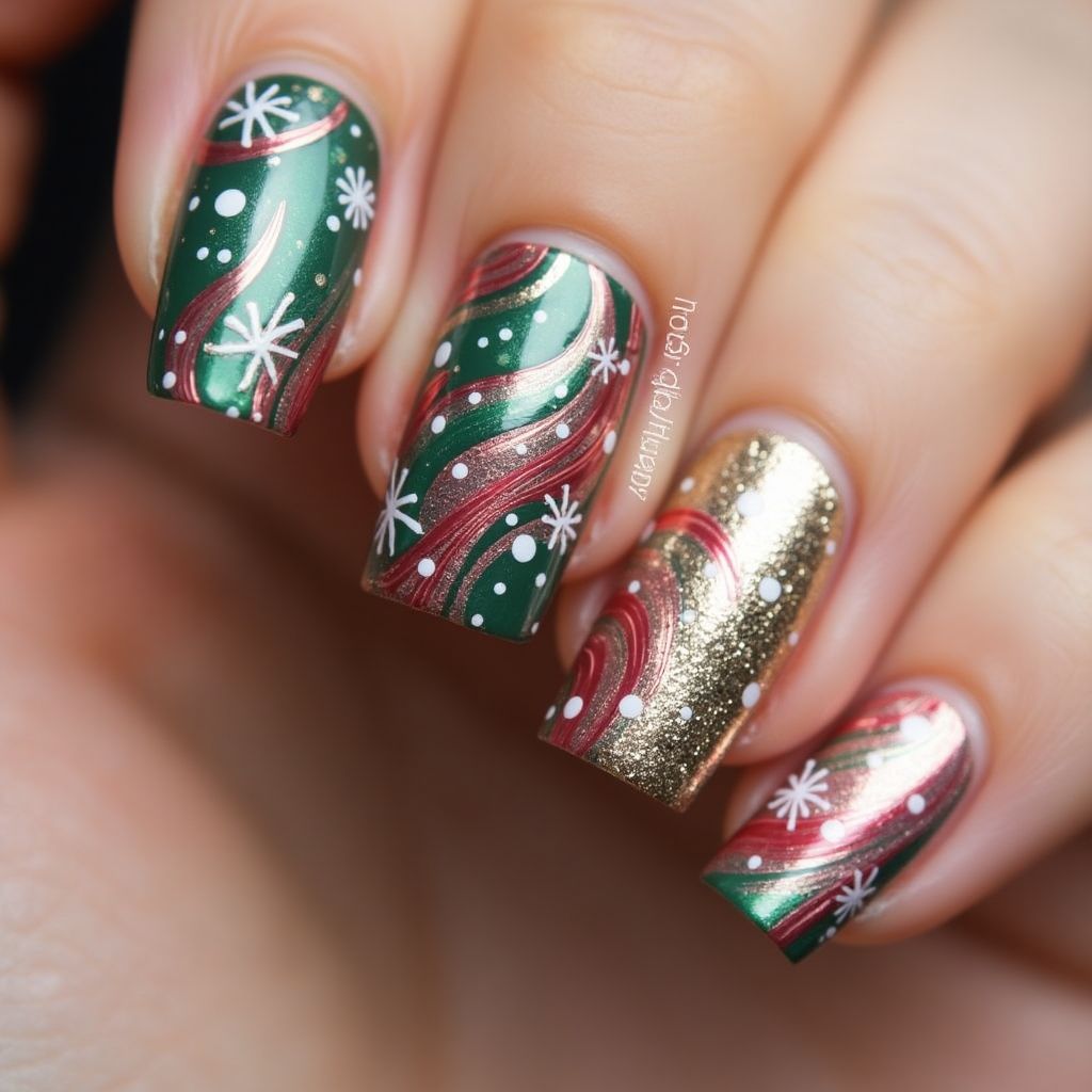 Holiday Water marbling Nail Design