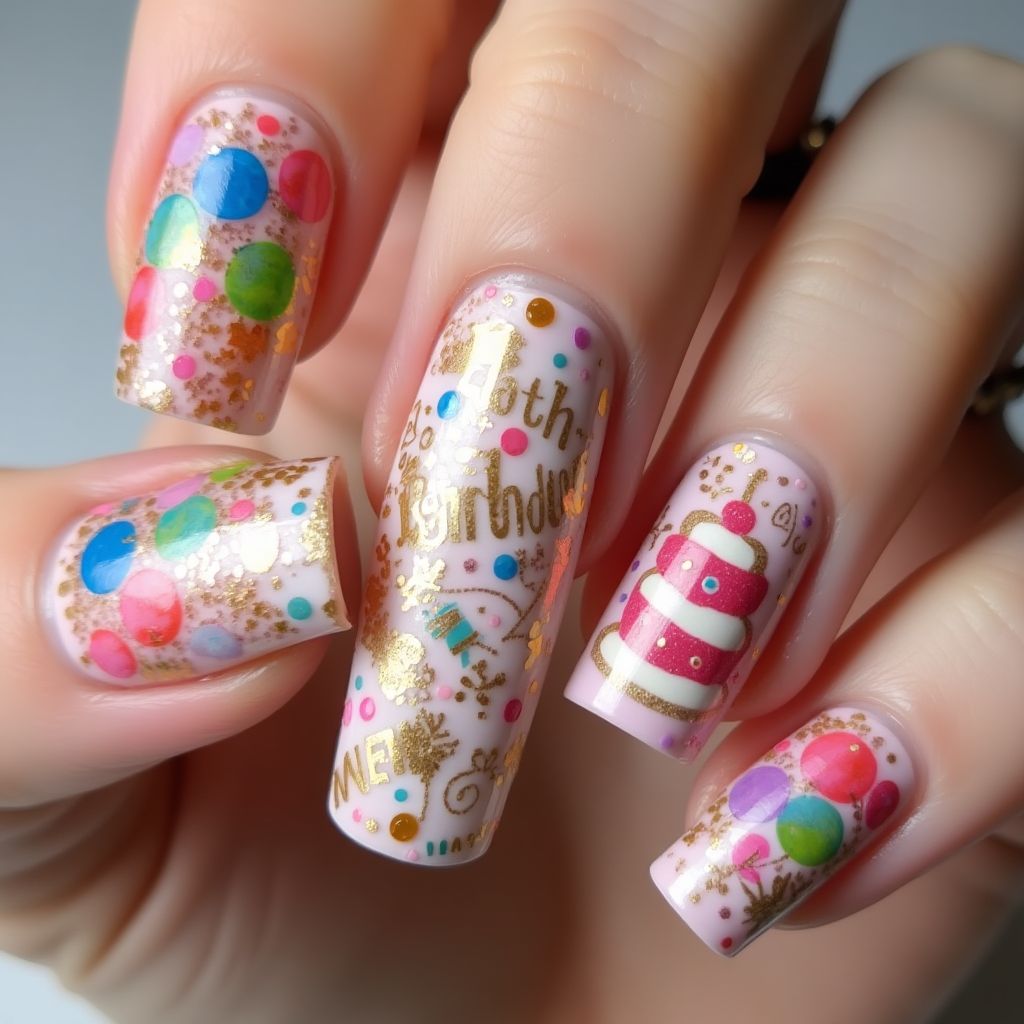 Birthday Freehand Art Nail Design
