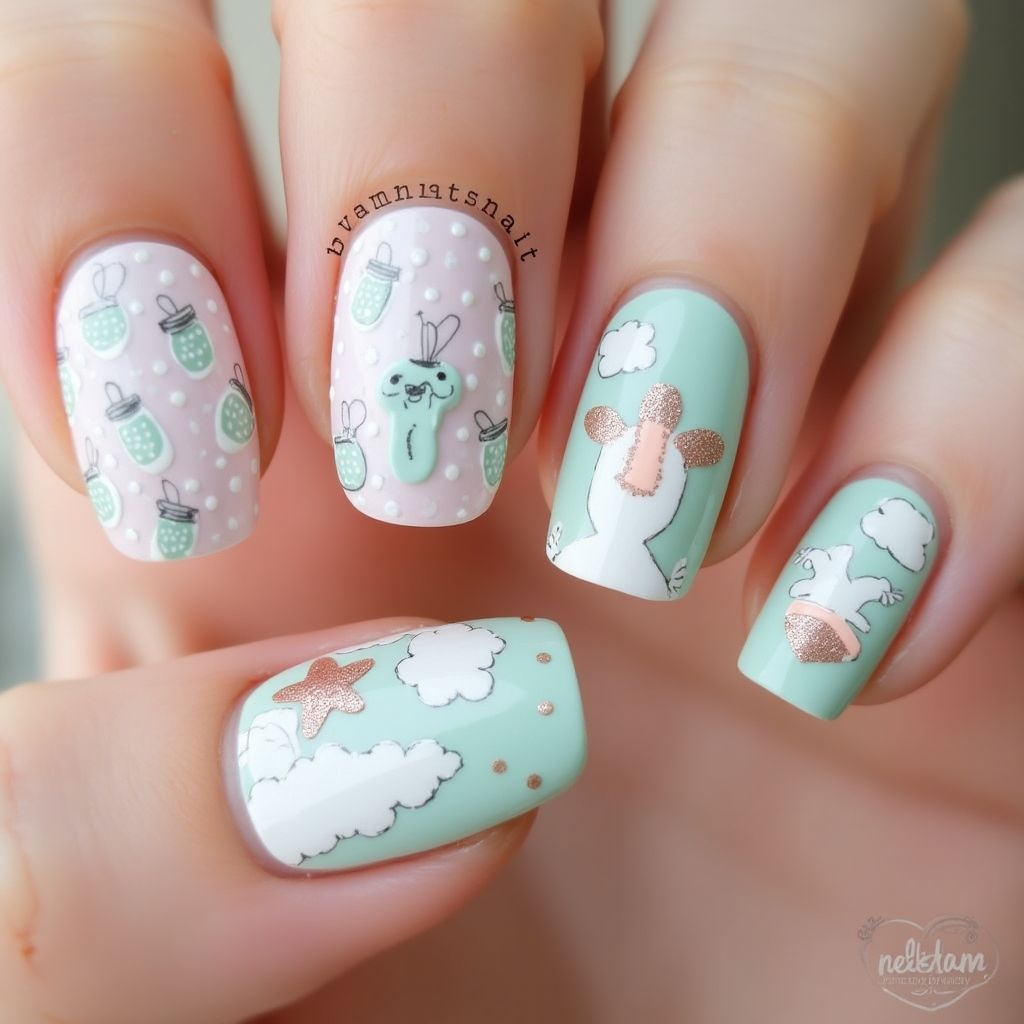 Baby shower Freehand art Nail Design