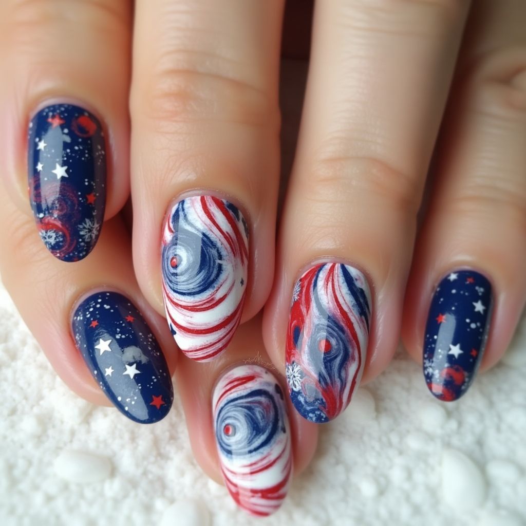 Memorial Day Water Marbling Nail Design