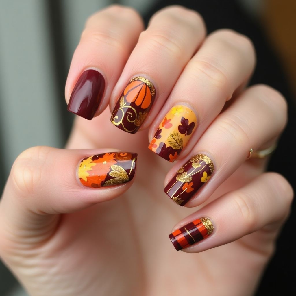 Thanksgiving Freehand Art Nail Design