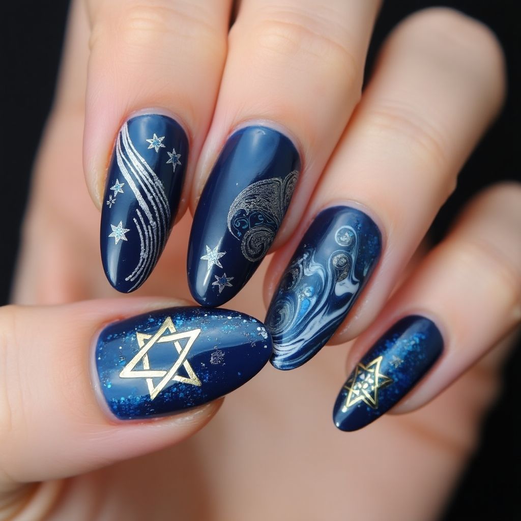 Hanukkah Water marbling Nail Design