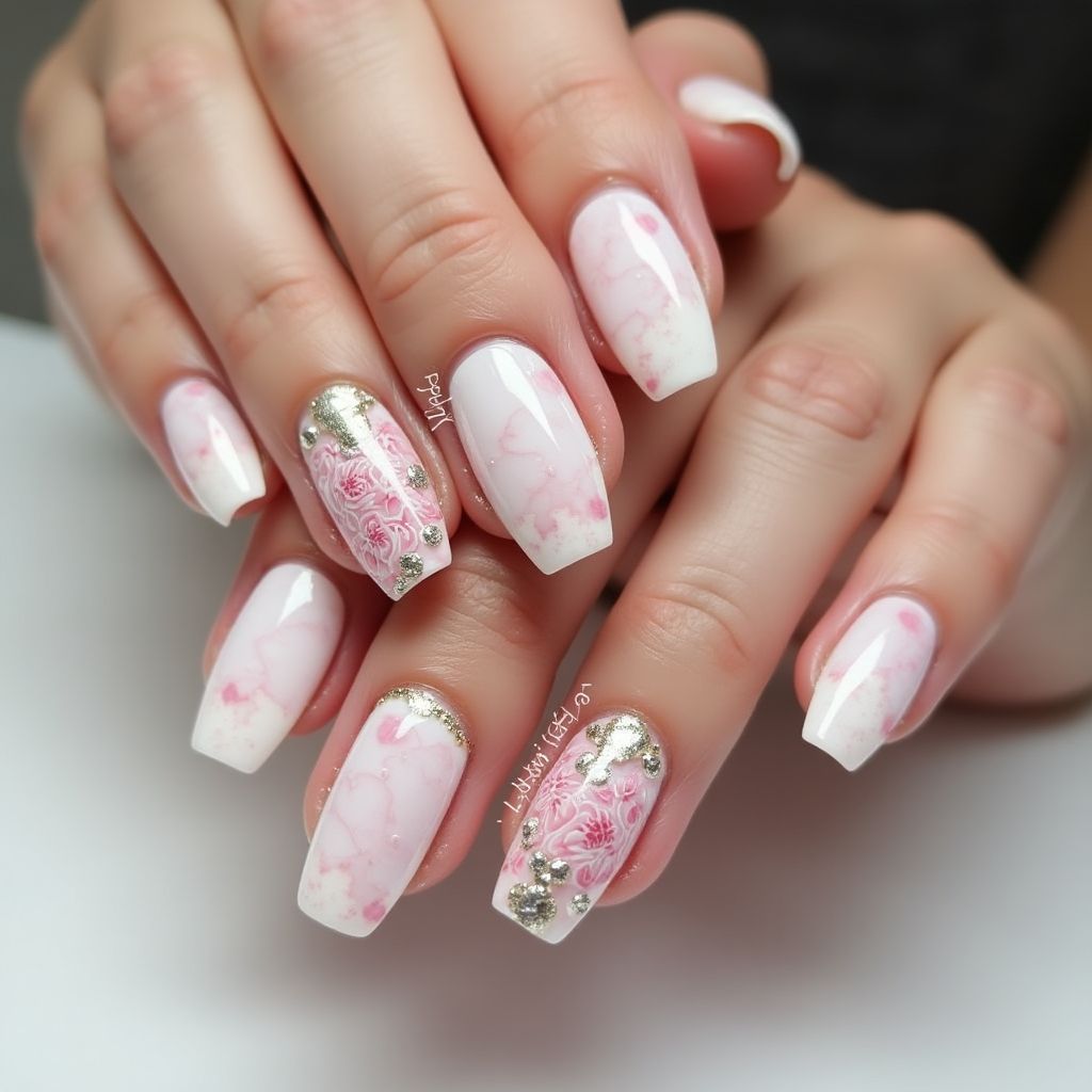 Wedding Water Marbling Nail Design