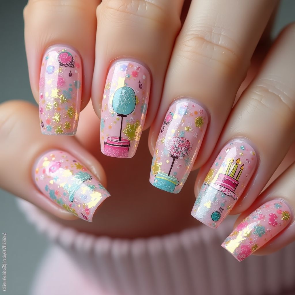 Birthday Water Marbling Nail Design