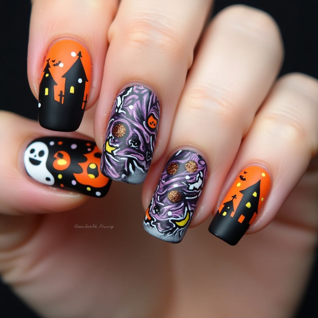 Halloween Water Marbling Nail Design