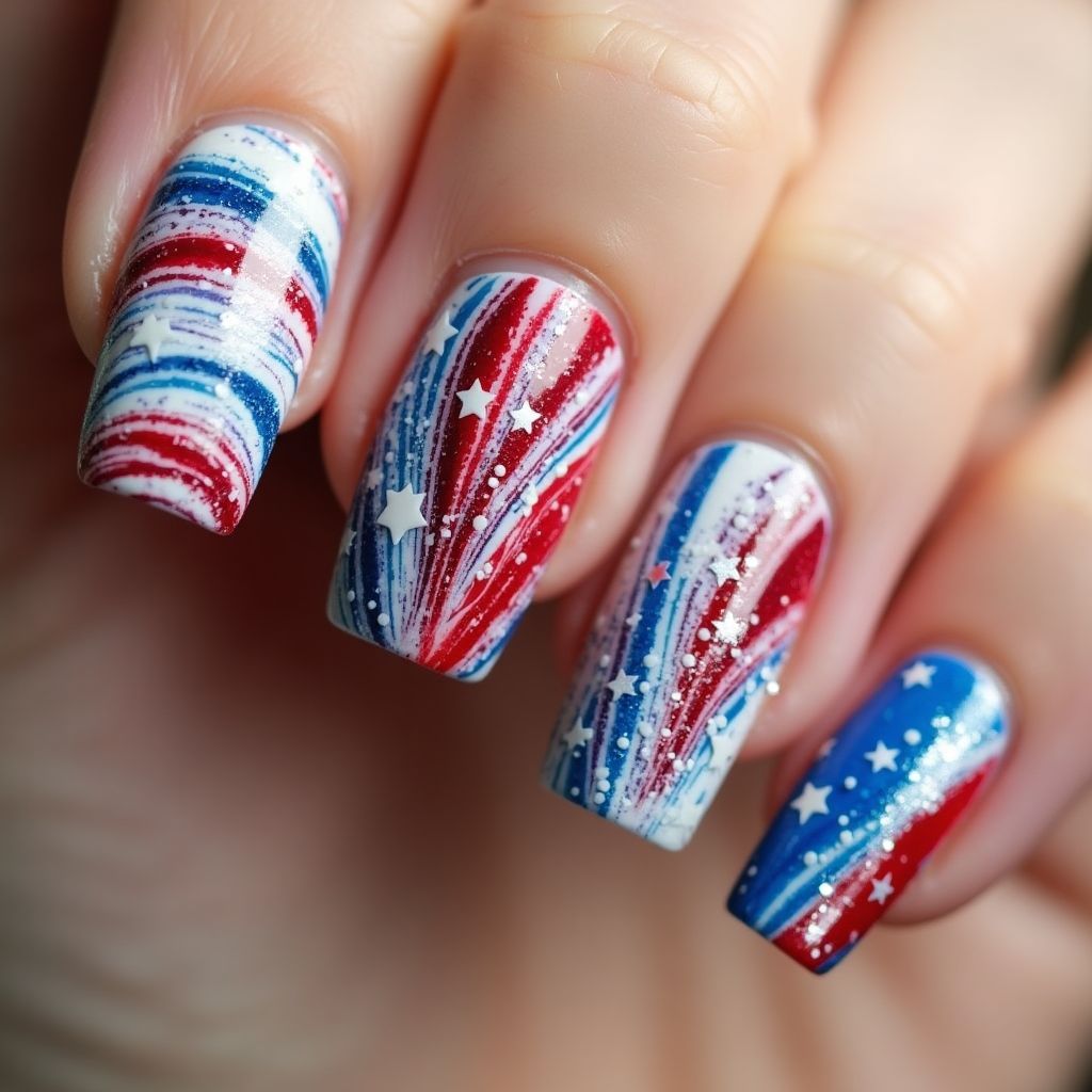 Independence Day Water Marbling Nail Design