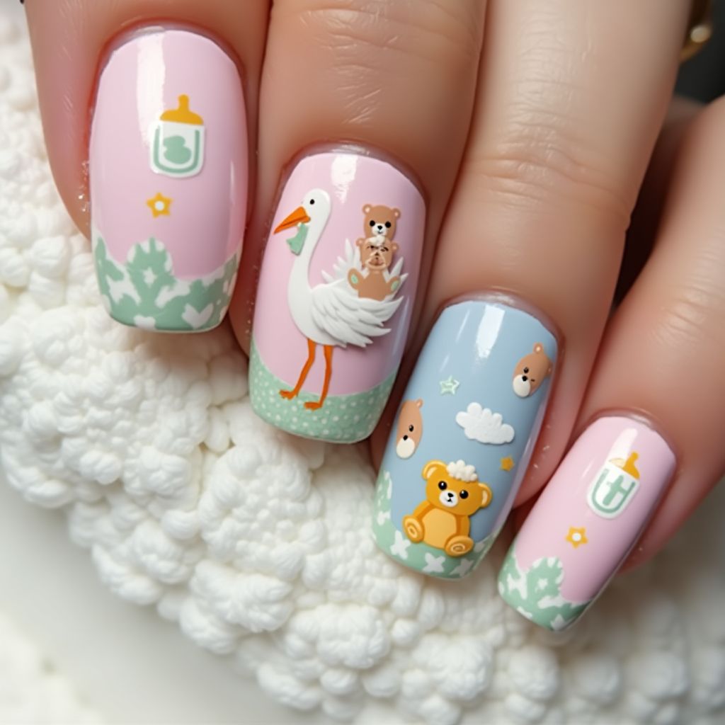 Baby Shower Freehand Art Nail Design