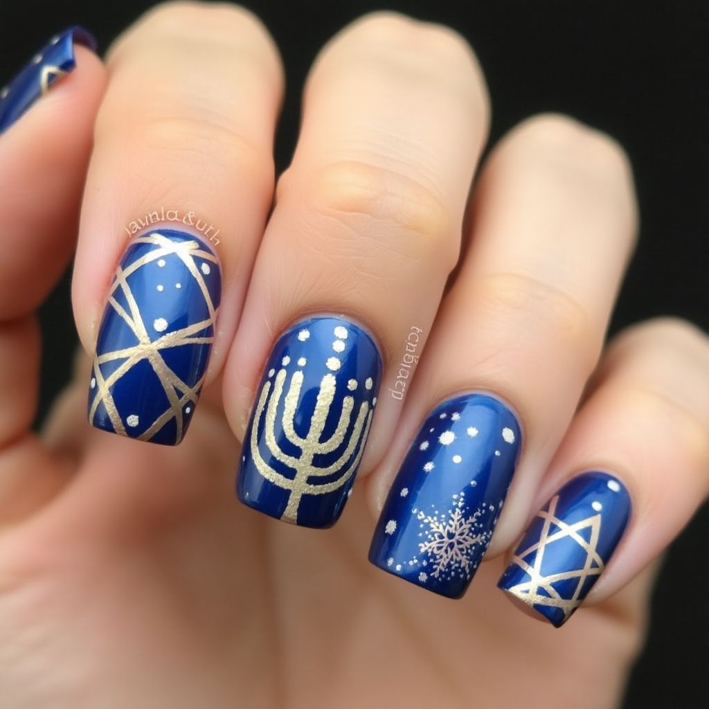 Hanukkah Freehand Art Nail Design