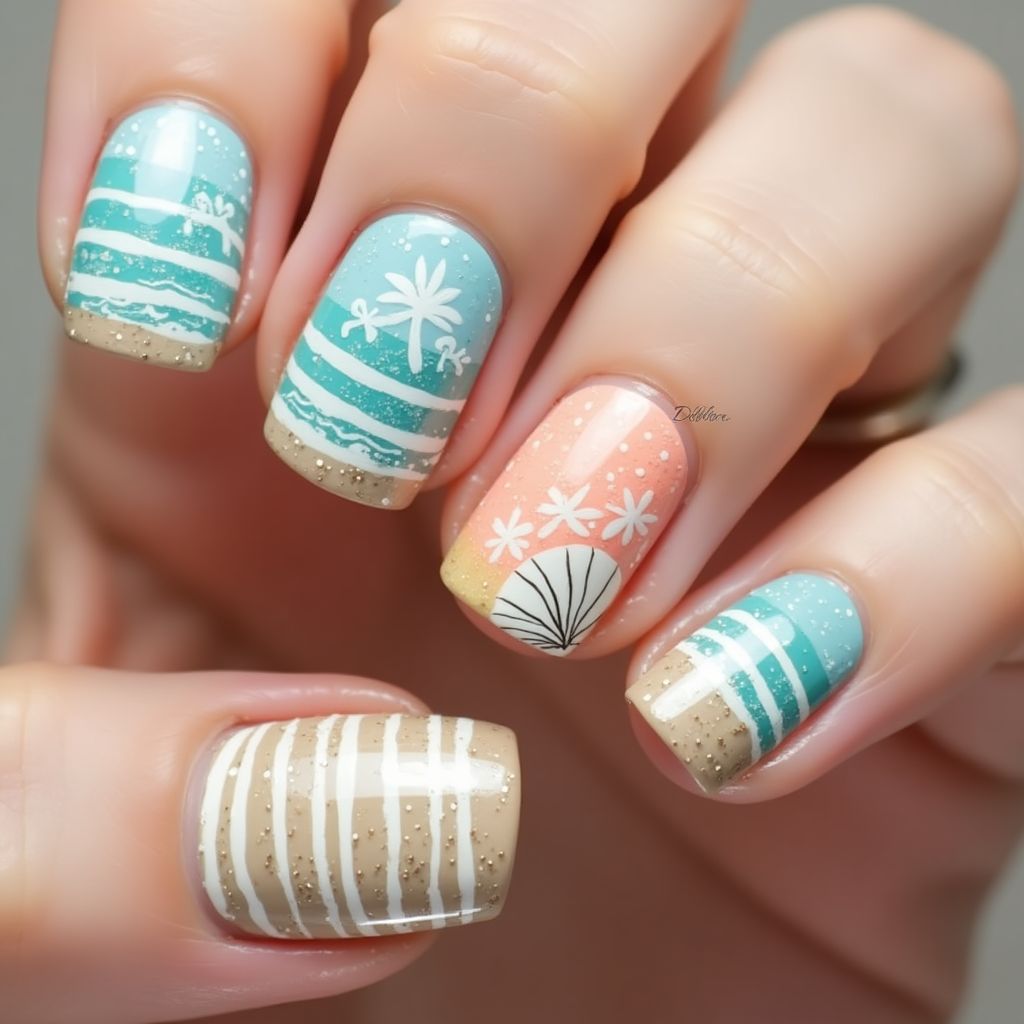 Beach Stripes And Lines Nail Design