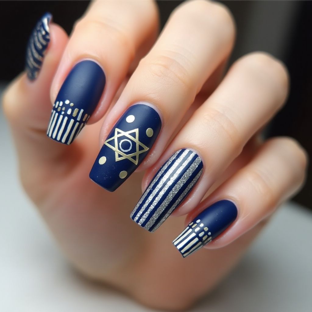 Hanukkah Stripes And Lines Nail Design