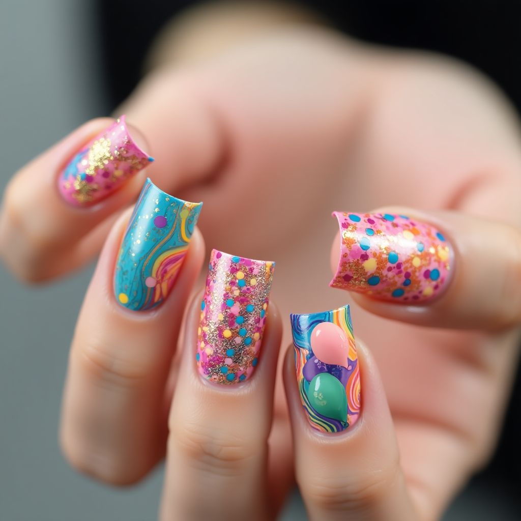 Birthday Water Marbling Nail Design