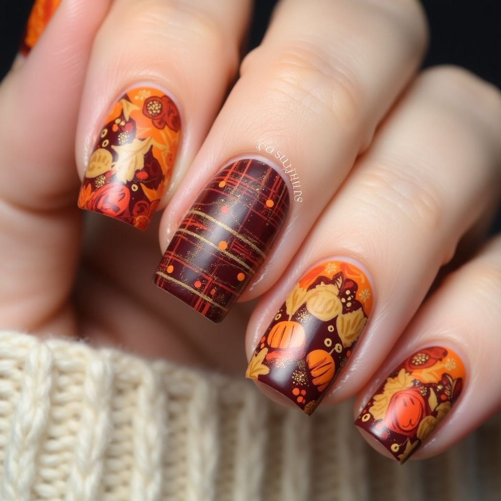 Thanksgiving Freehand Art Nail Design