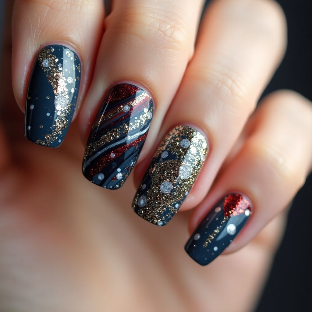 New Year Water Marbling Nail Design