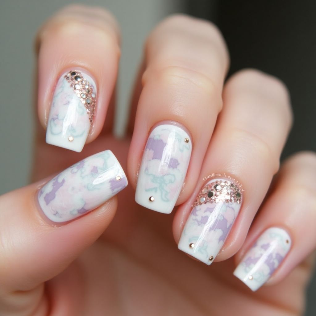 Wedding Water Marbling Nail Design