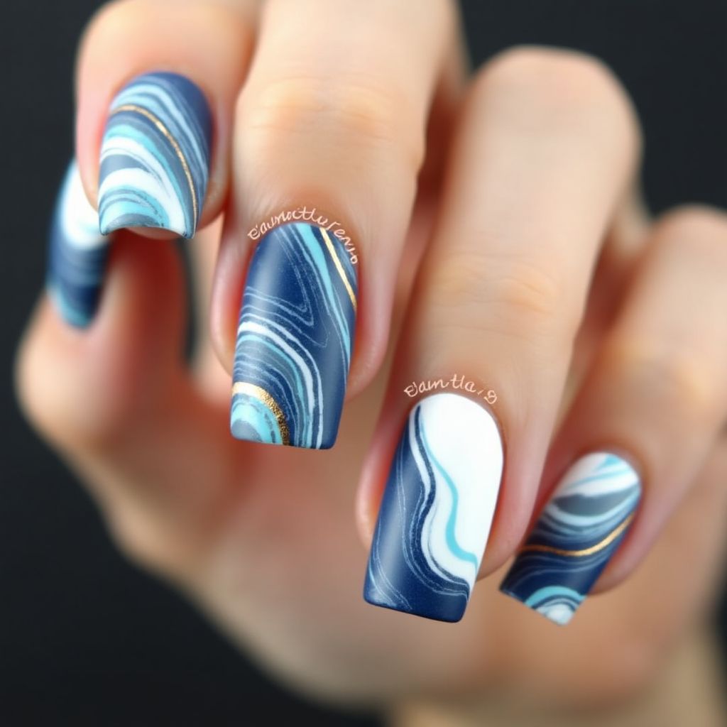 Father's Day Water Marbling Nail Design