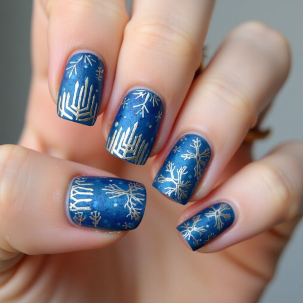 Hanukkah Freehand Art Nail Design
