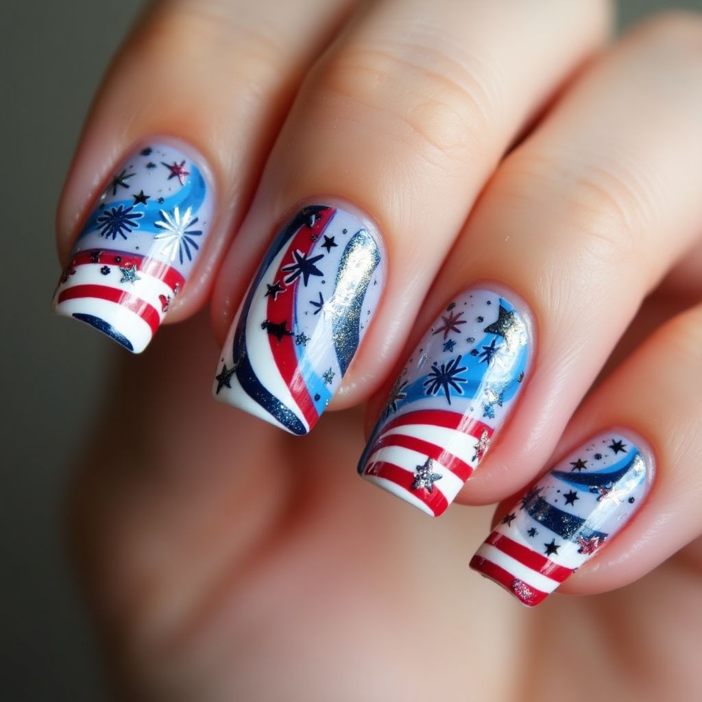 Independence Day Water Marbling Nail Design