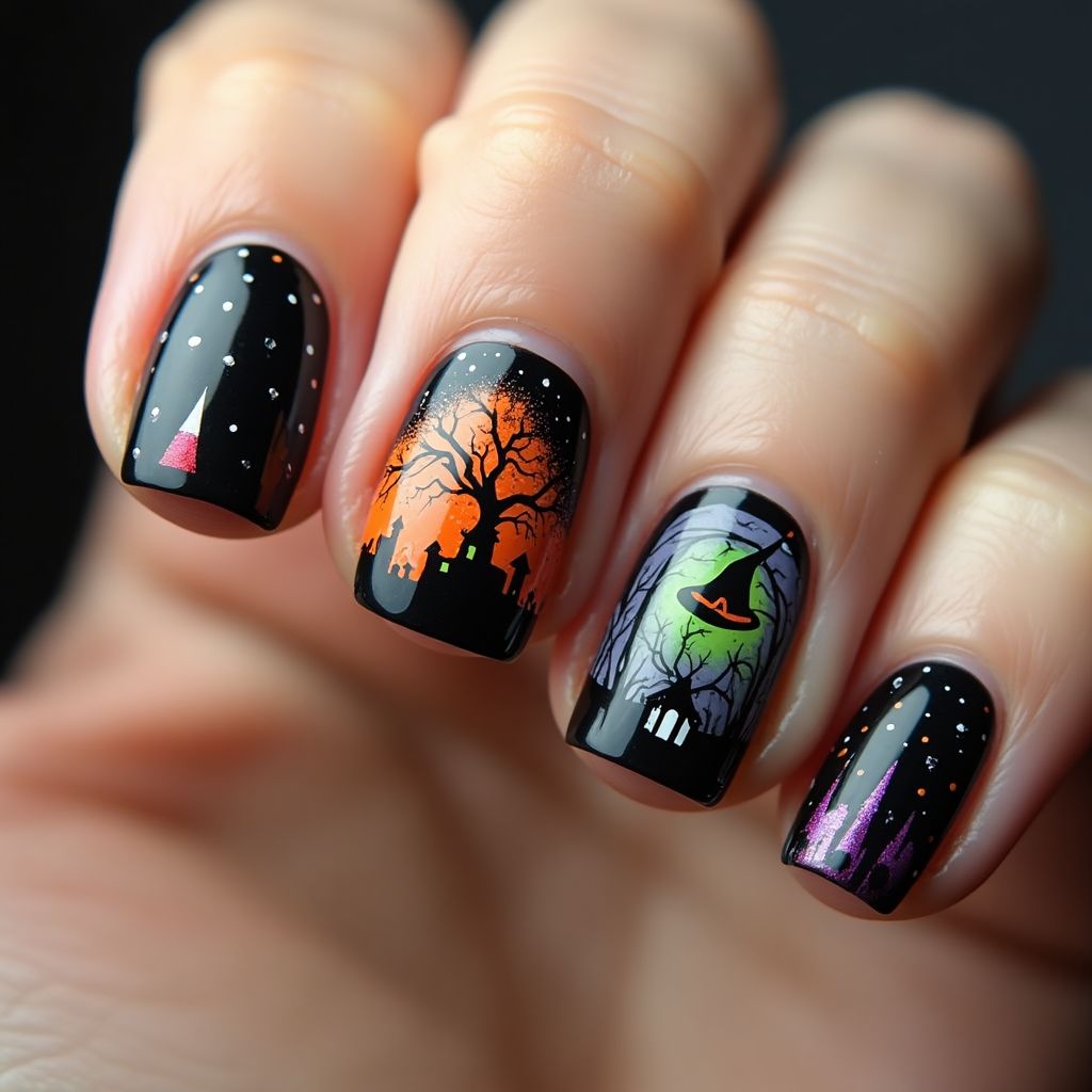 Halloween Water Marbling Nail Design