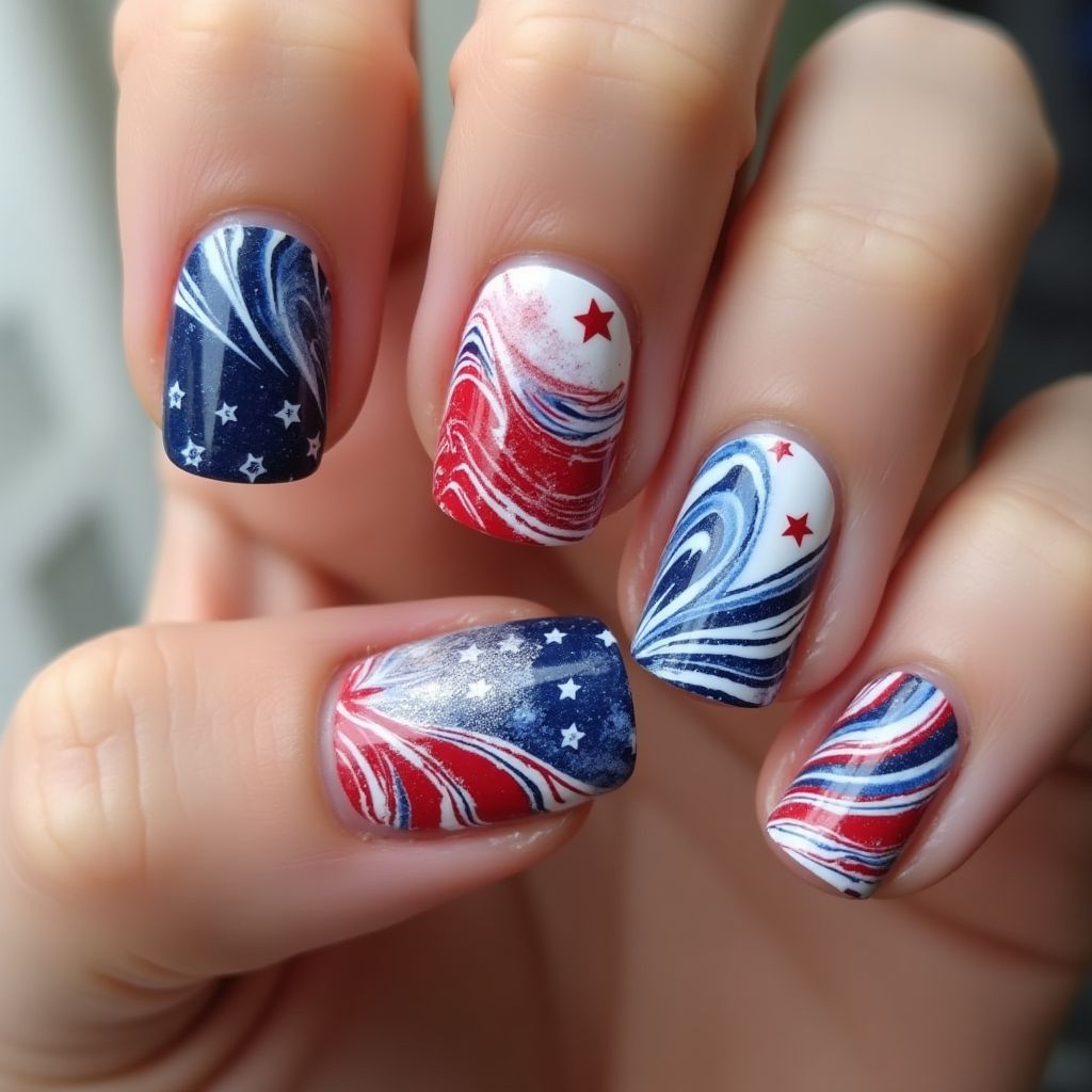 Labor Day Water Marbling Nail Design