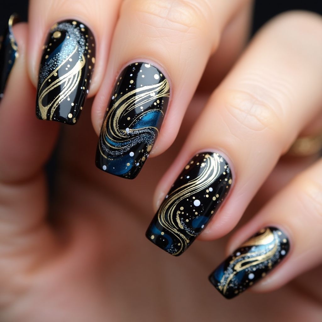 New Year Water Marbling Nail Design