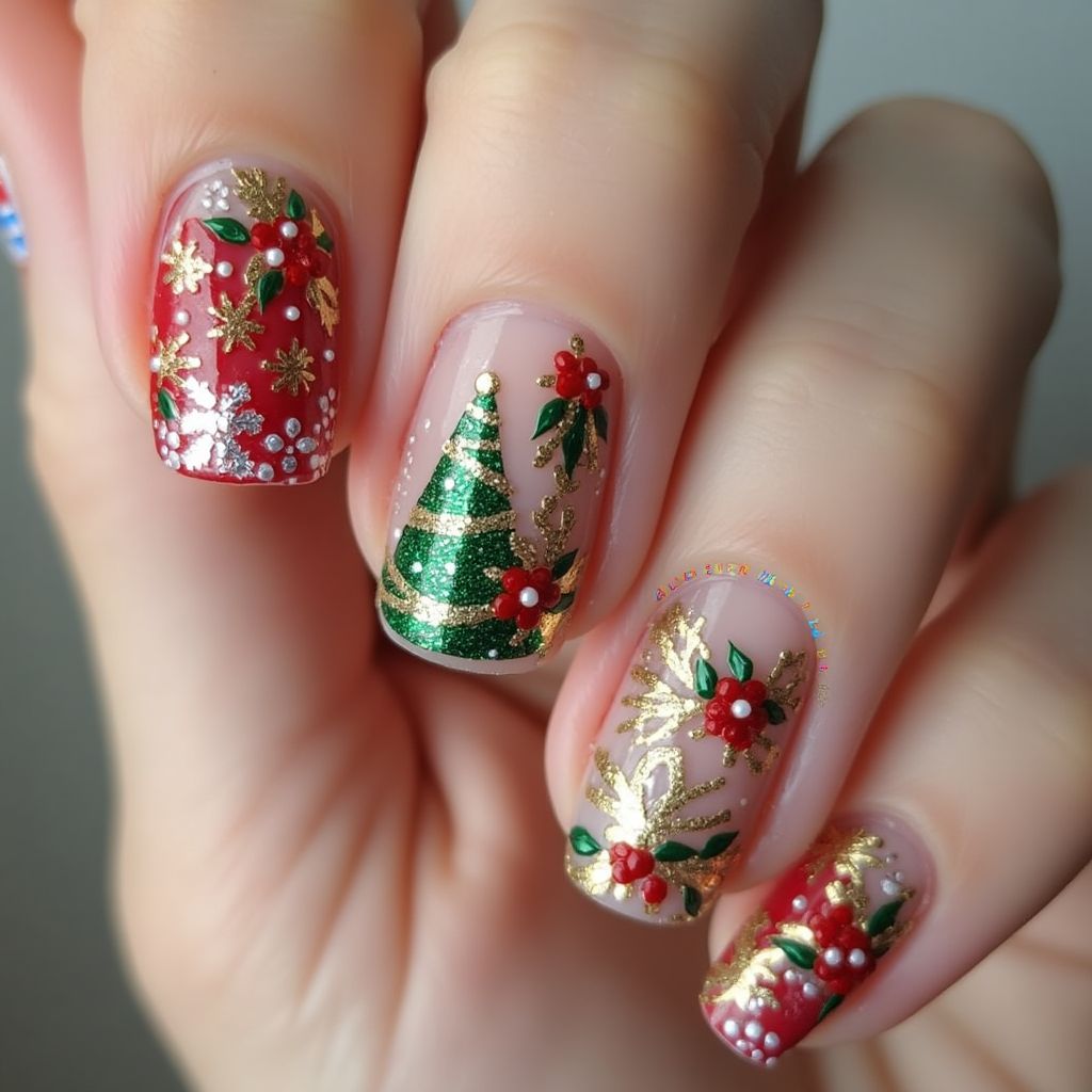 Holiday Freehand Art Nail Design