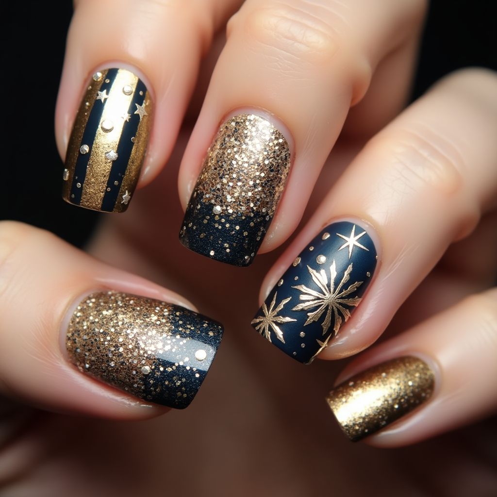 New Year Freehand Art Nail Design