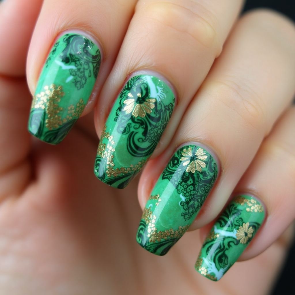 St Patrick's Day Water Marbling Nail Design