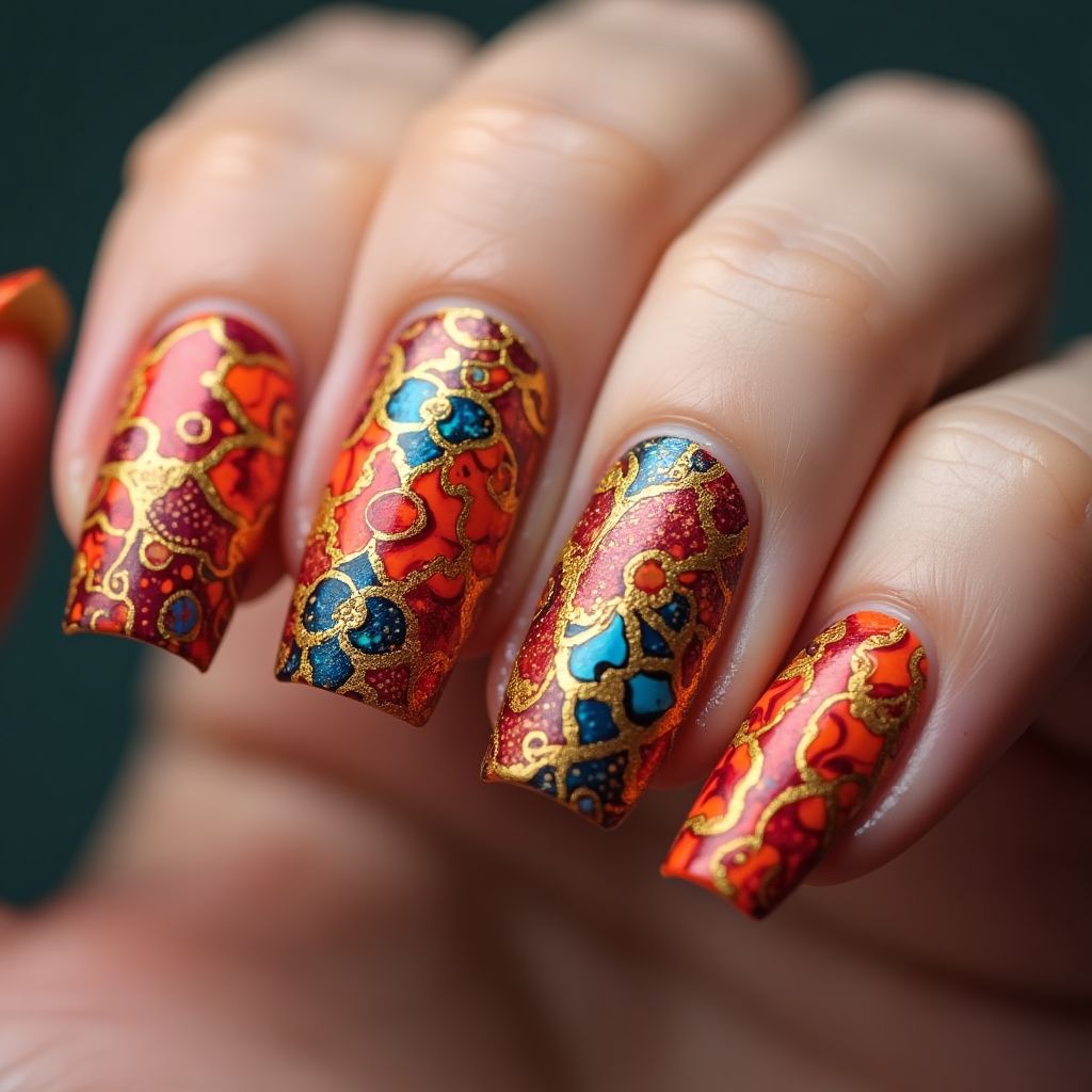 Diwali Water Marbling Nail Design