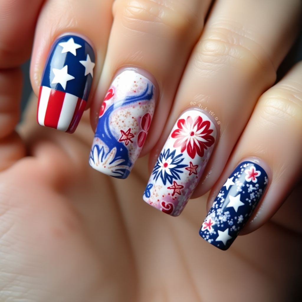 Memorial Day Water Marbling Nail Design
