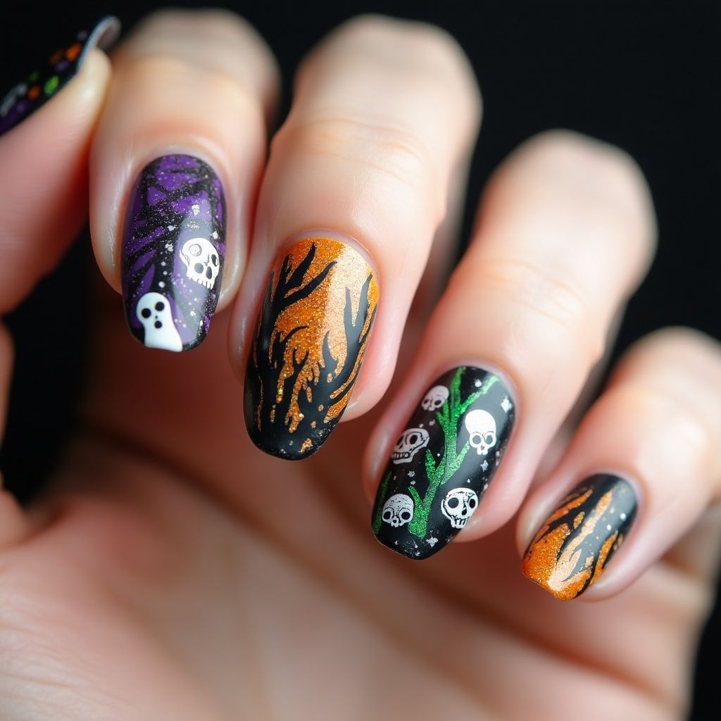 Halloween Water Marbling Nail Design