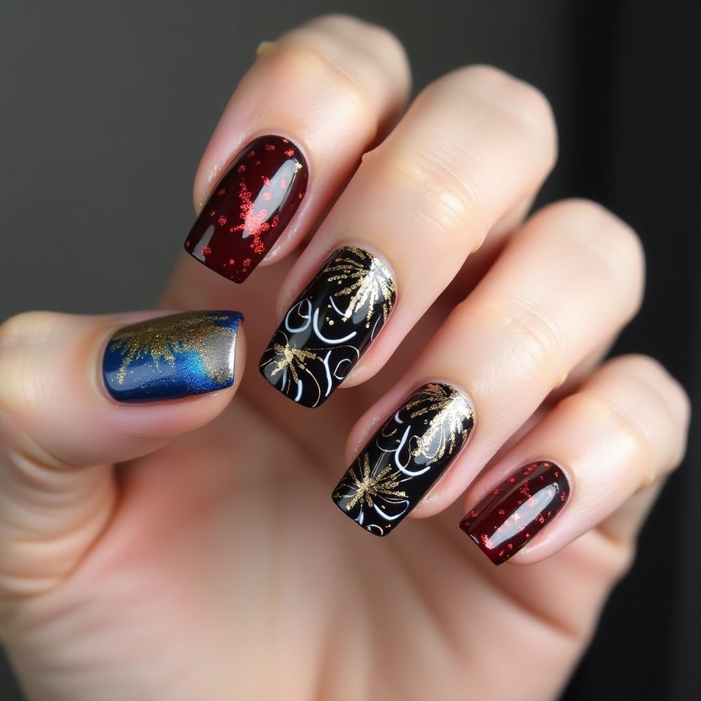 New Year Water Marbling Nail Design