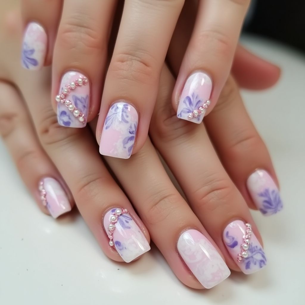 Bridal Shower Water Marbling Nail Design