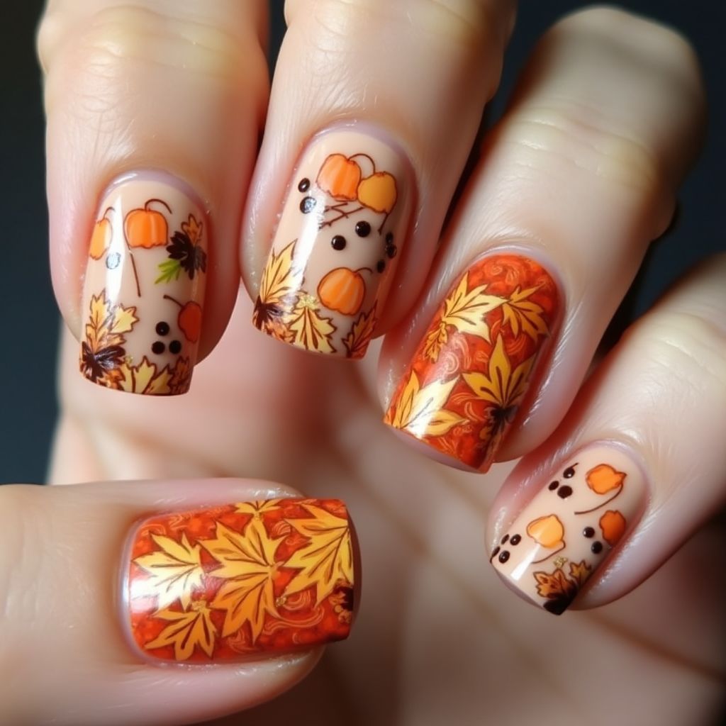 Thanksgiving Freehand Art Nail Design