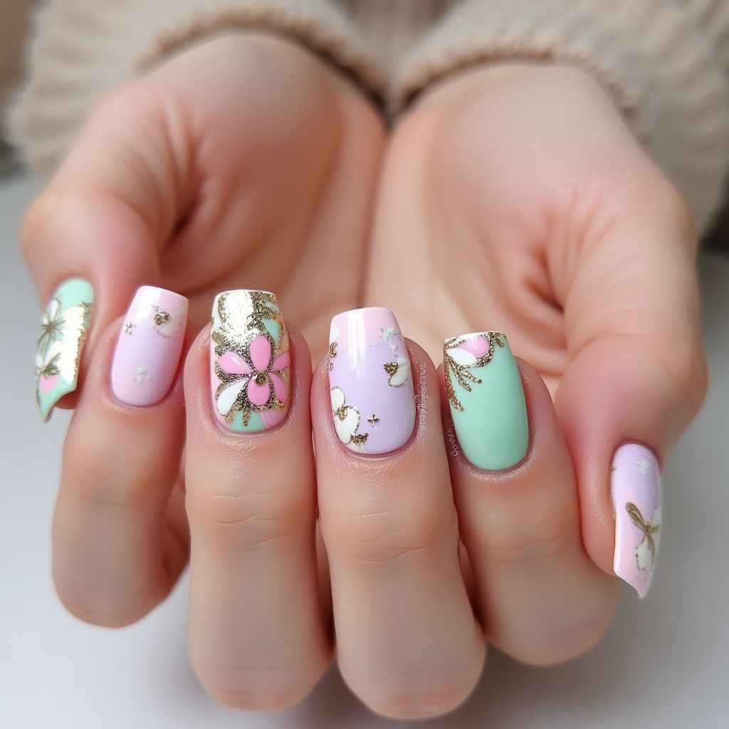 Mother's Day Water Marbling Nail Design