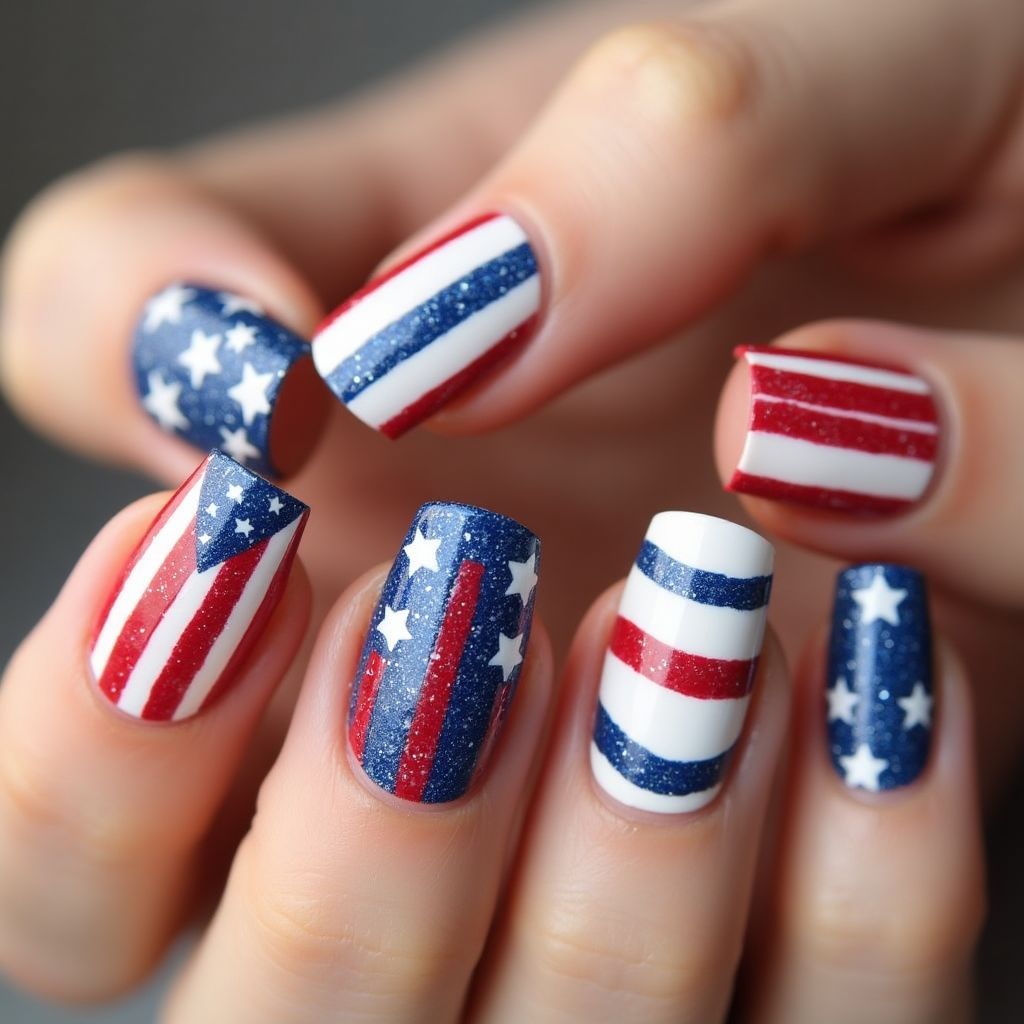 Independence Day Stripes And Lines Nail Design