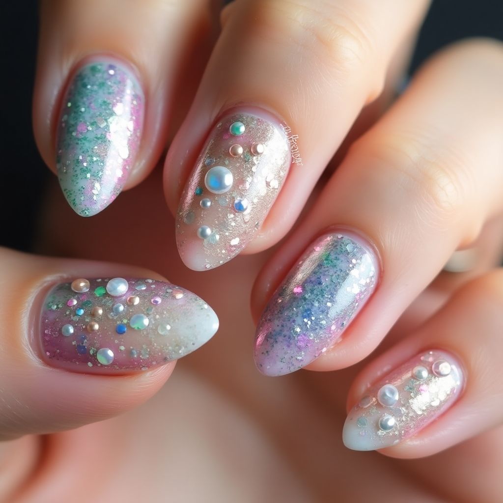Almond Glitter Flakes Nail Design